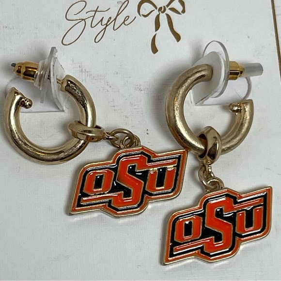 Gold Tone with Orange and Black OSU Dangle Earrings - Picture 3 of 5